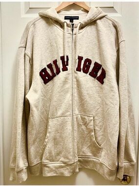 Tommy Hilfiger Cream Logo Zip Hoodie Graphic Size XL